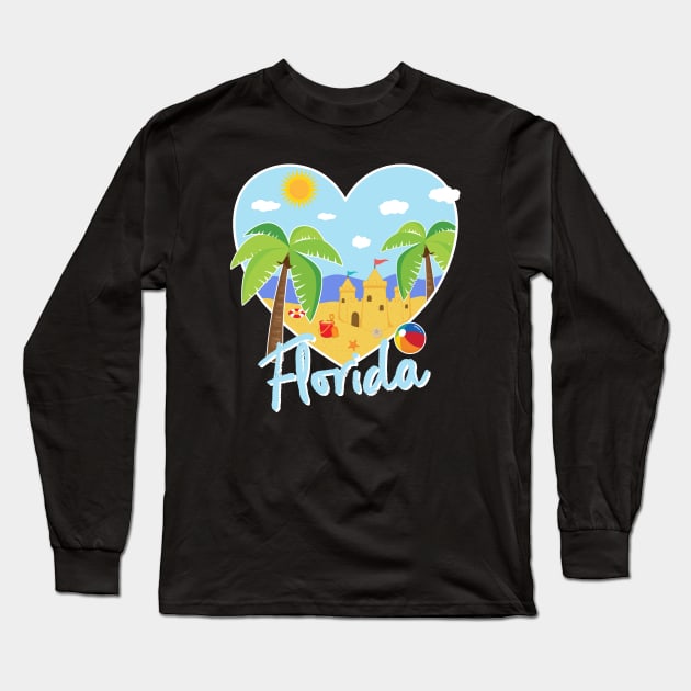 Florida Love Heart Shaped Beach Vacation Scene Long Sleeve T-Shirt by MedleyDesigns67